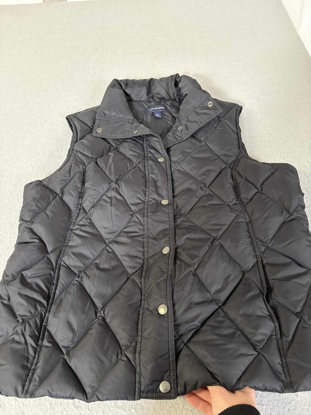 Lands' End Vest Womens Large Black Down Puffer Quilted Snap Front Pockets