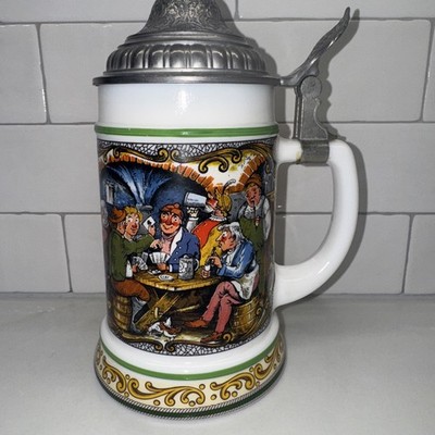  BMF Bierseidel Colorful German Beer Stein Mug White Milk Glass PEWTER LID