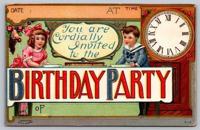 Postcard Birthday Party Invitation Children Blank Clock Cordially Invited