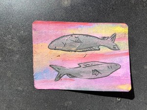 ACEO Original Art Card – Abstract Fish, Watercolor, sardines, fish, silver