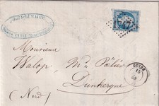 🦬Lettre avec N°22 - 20 c Bleu Empire - Ob Los. GC 1747 Guise pour Dunkerque🦬
