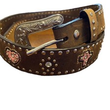 Nocona Brown and Pink Crystal Cross  Hearts Belt Sz 28, Bling Western Gowgirl