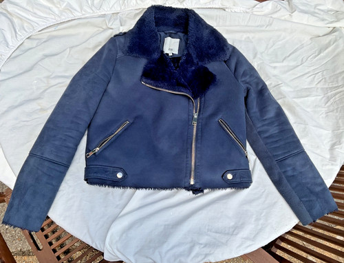 Navy fake fur lined biker style jacket from River Island. Two pockets, zip SZ 12