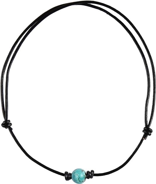 Single Turquoise Choker Necklace Beach Boho on Black Leather Cord for Men and Wo