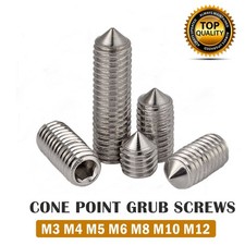M3 M4 M5 M6 Stainless CONE POINT Grub Screws - Hex Socket Set Screw - DIN 914