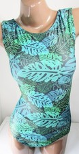 Girls Gymnastics Leotard Teal Green Tropical Monstera Leaves Size 4 6