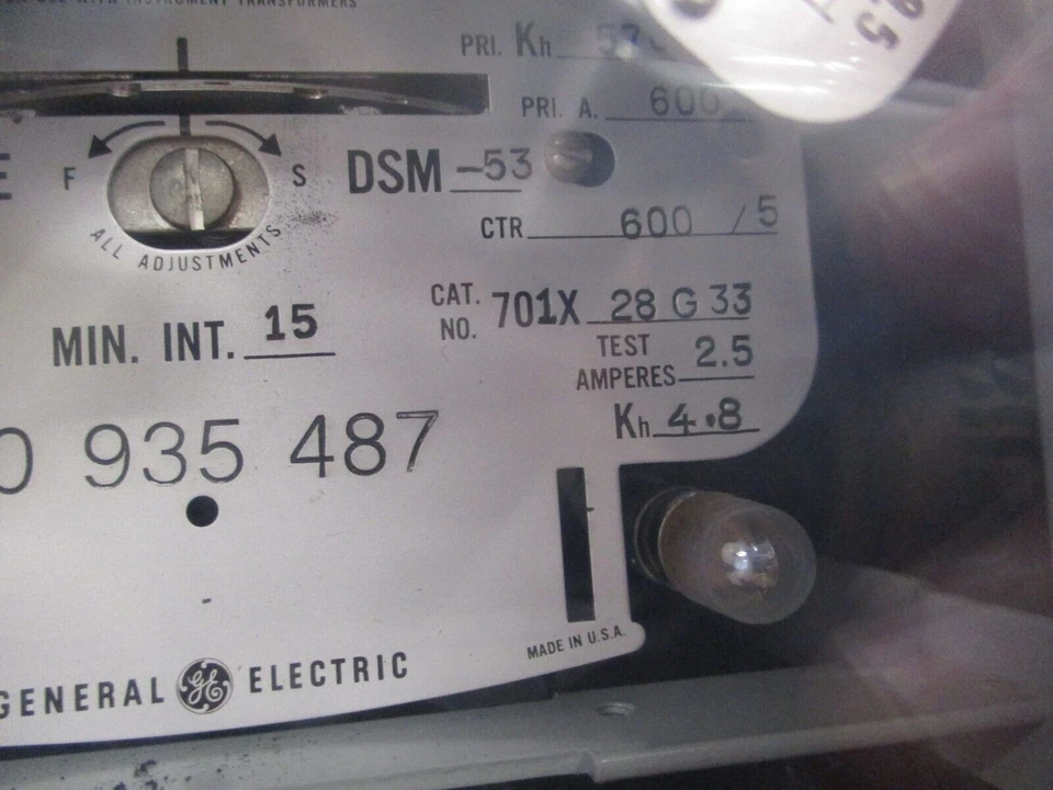GE Type DSM-53 Kilowatthour Meter 701X28G33 480V 3W 3Ph 60Hz Used - Image 4 of 4