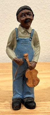 Poly Stone Sculpture Black Musician Fiddle Player 6'' Figurine - READ