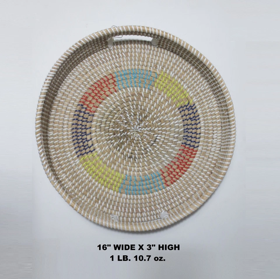 LARGE SIZE LOW PRICE AFRICAN FOLK ART WOVEN COIL GRASS MULTICOLOR TRAY w HANDLES - Image 2 of 4