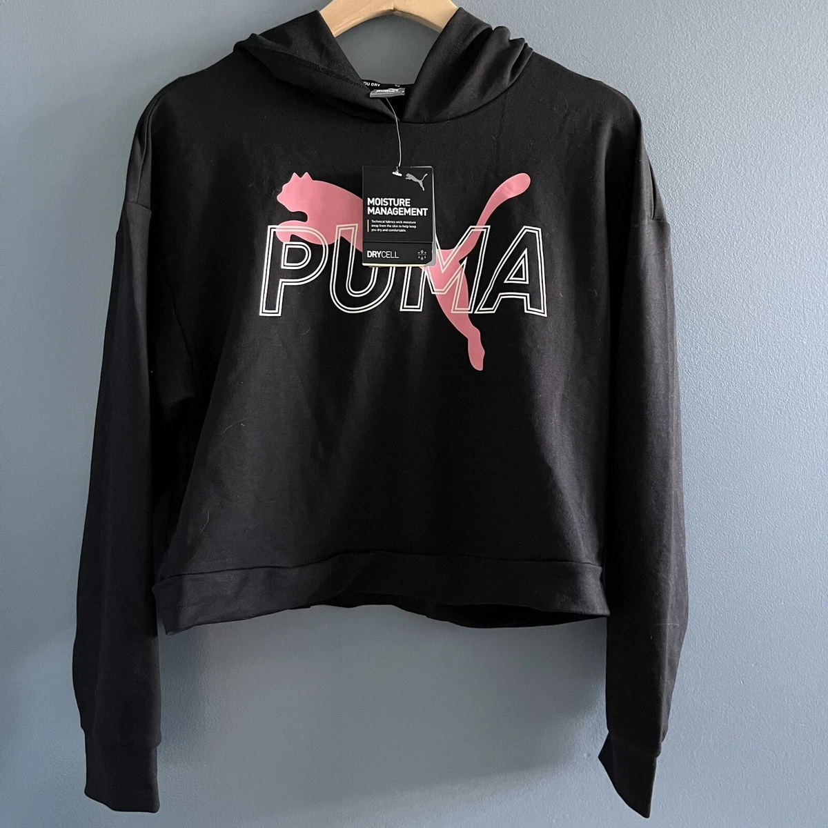 Puma Women s Modern Sports Black Hoodie Pink Front Logo Size Small