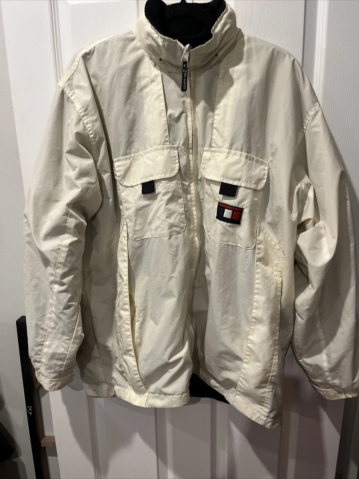 tommy hilfiger vintage Double-sided jacket Sz L Black Bomber /White Windbreaker