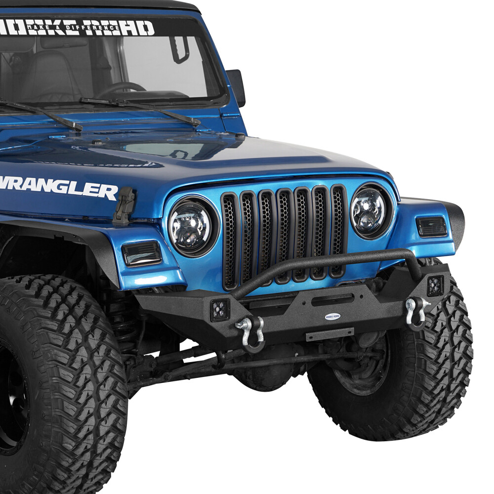 Hooke Road Steel Front Bumper Winch Plate LED Lights For 97-06 Jeep Wrangler TJ 