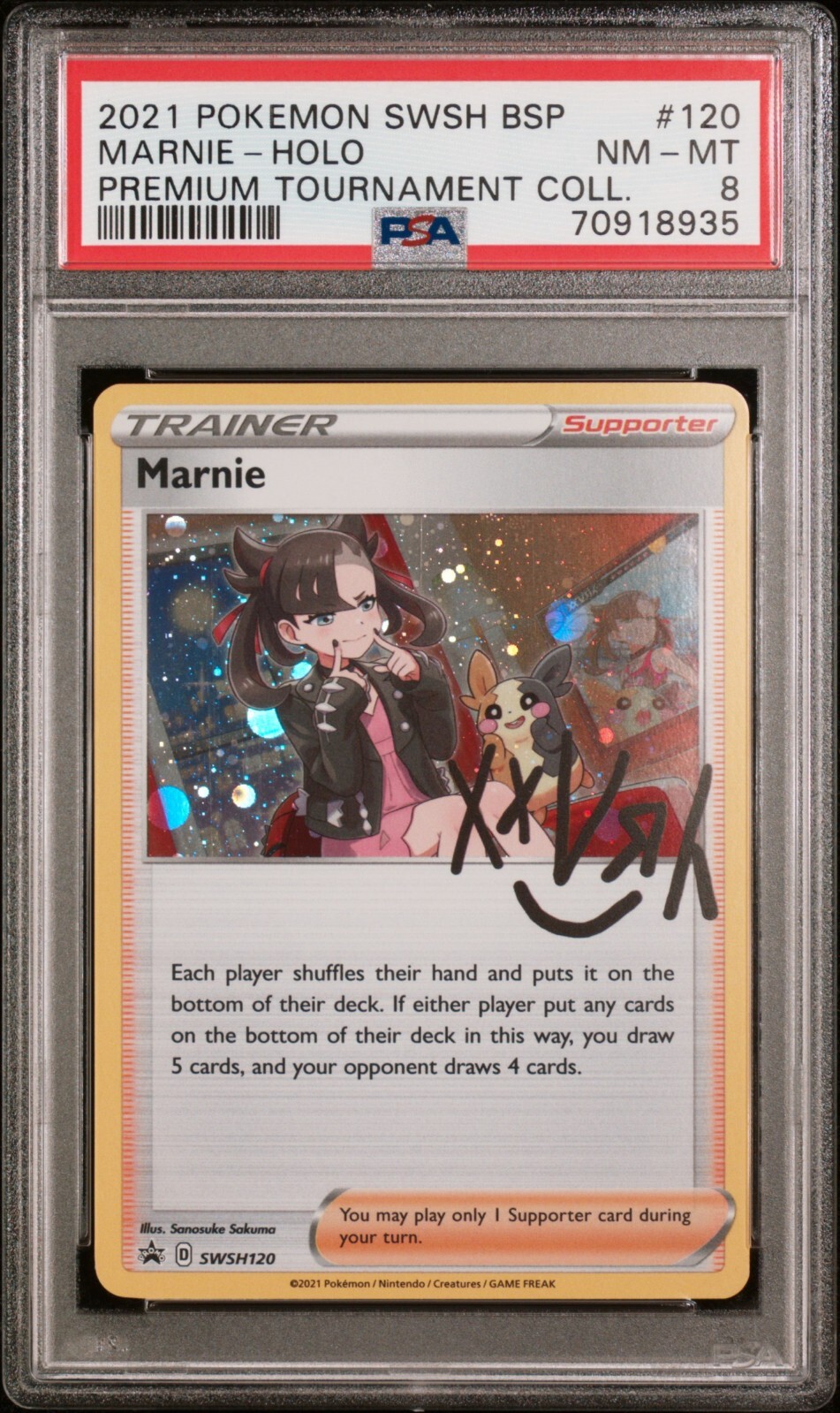 PSA 8 Marnie SWSH120 Holo Premium Tournament Collection Promo Pokémon