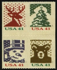 US #4211-4 4211-4214 4214a 41¢ Christmas Knits Block 4 from booklet of 20 NH MNH