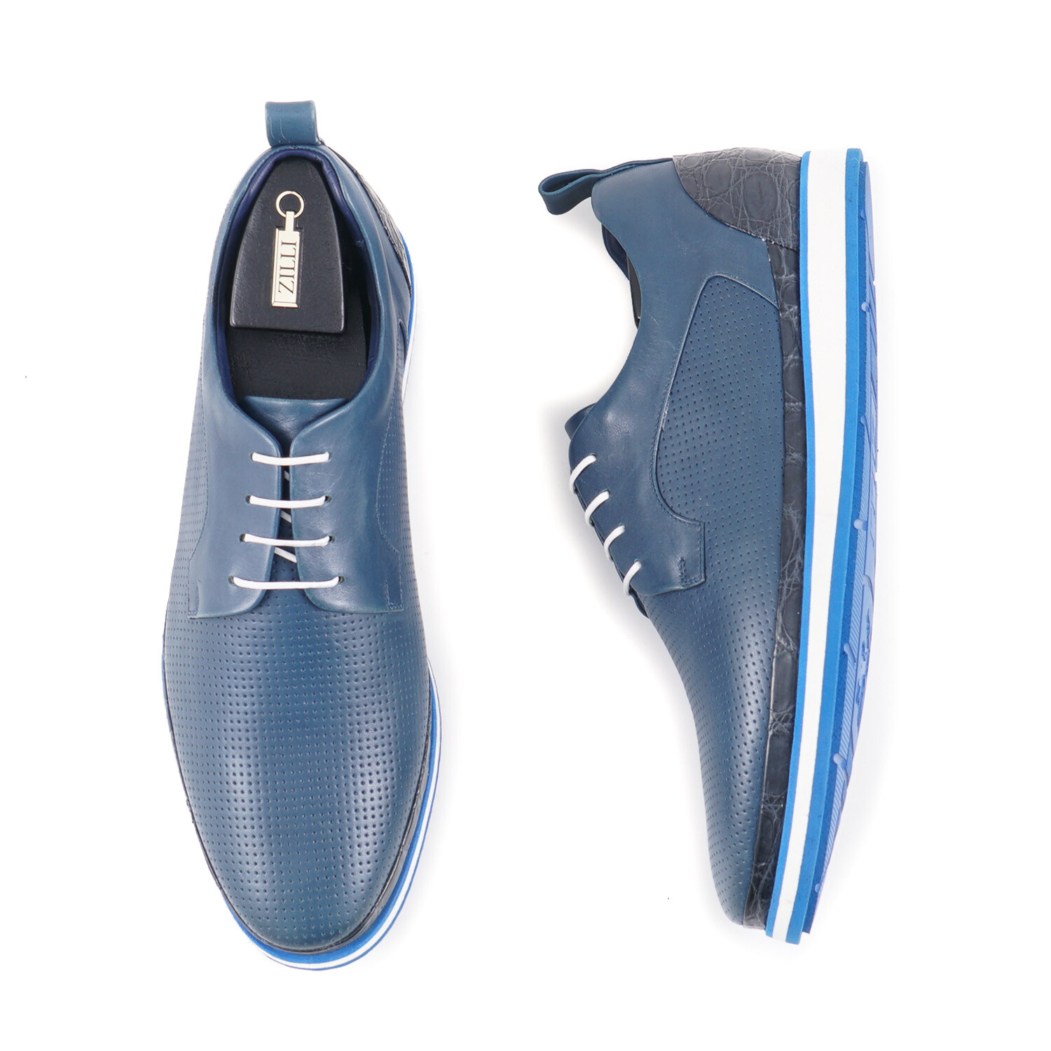 SAOLA Scarpe Zilli blu forate in pelle di vitello e coccodrillo Derby US 8 (Eu 41)