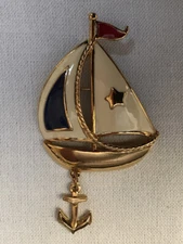 AVON Sailboat Boat Blue Red Cream Enamel Gold Tone Anchor Brooch Pin. #246