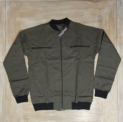 Womens Bomber Jacket Size UK 14 Khaki Boohoo Long Sleeved Zip Up Coat RRP £55