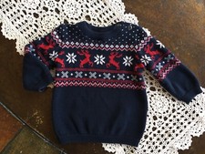 H M Boys Long Sleeve Blue Crew Neck Holiday Sweater Red Reindeers Sz 6-9 Month