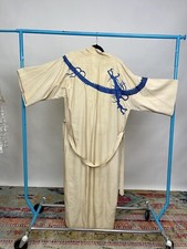 Antique Japanese 1930s 3 Toed Dragon Kimono Robe Blue Embroidery Cream Linen