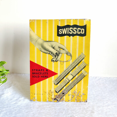 1940s Vintage Swissco Riemen Armbänder Werbe Dose Zeichen Brett Selten Alt TS128