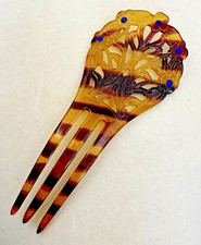 Antique Victorian Celluloid Hair Comb Spanish Mantilla Openwork Floral Gemstones