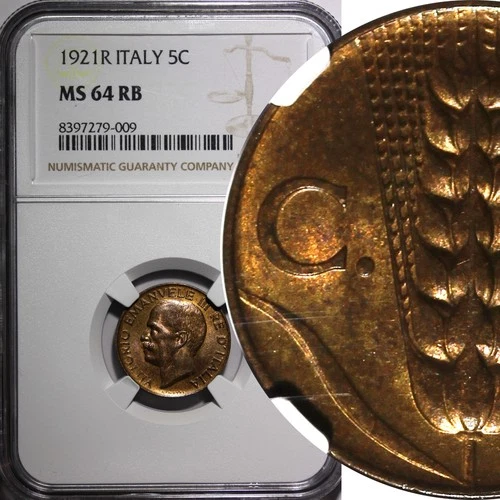 Italy Vittorio Emanuele III Bronze 1921 R 5 Centesimi NGC MS64 RB KM# 59 (009)