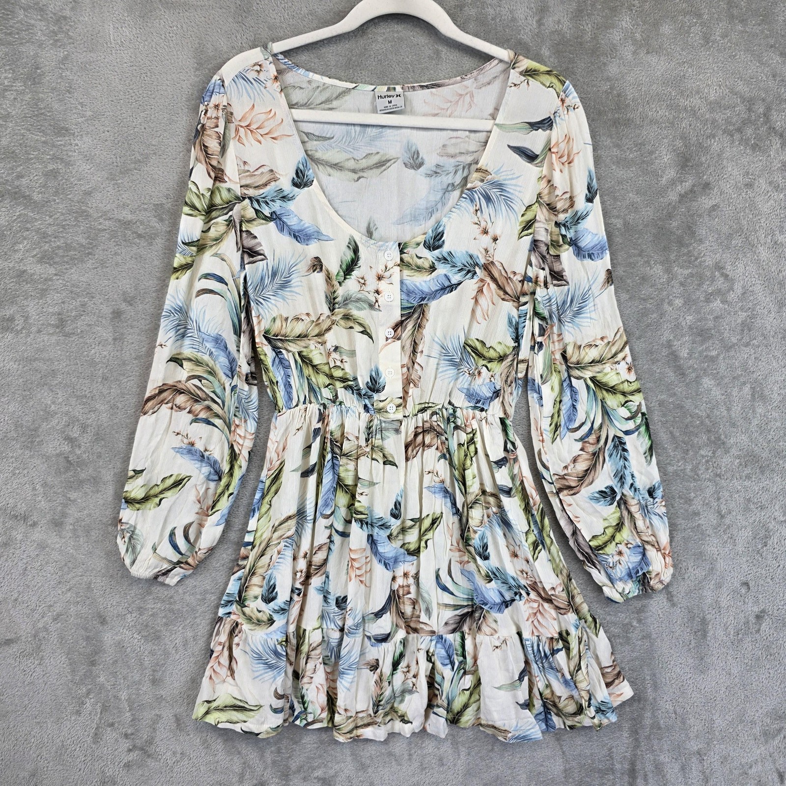Hurley Dress Womens M Multicolor Floral Scoop Neck Ruffle Mini Long Sleeve