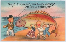 Vintage 1945 Comic Fishing Postcard with Oversized Fish & Boys