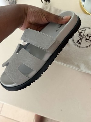 Hermès Gray Logo Leather Slide Sandals Slip-On Straps US 8 New w/ Box