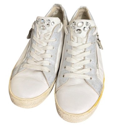 Paul Green White Leather Metallic Silver Crystal Embellished Zip Sneakers 7.5''