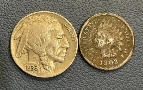 Vintage U.S Coins - 1902 Indian Head Cent + 1936 Buffalo Nickel