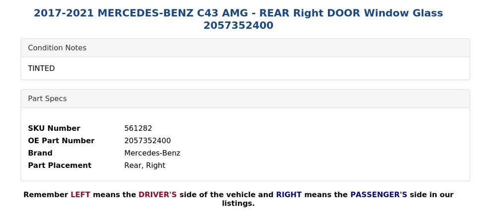 2017-2021 MERCEDES-BENZ C43 AMG - REAR Right DOOR Window Glass 2057352400 - Image 3 of 4