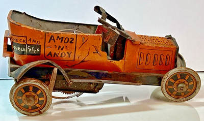 Vintage Orange Marx Amoz and Andy Fresh Air Taxi 1930s Tin Wind Up Toy Car IA-68