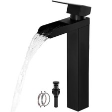 Black Tall Waterfall Bathroom Faucet, Single Hanlde Vessel Sink Faucet with W...
