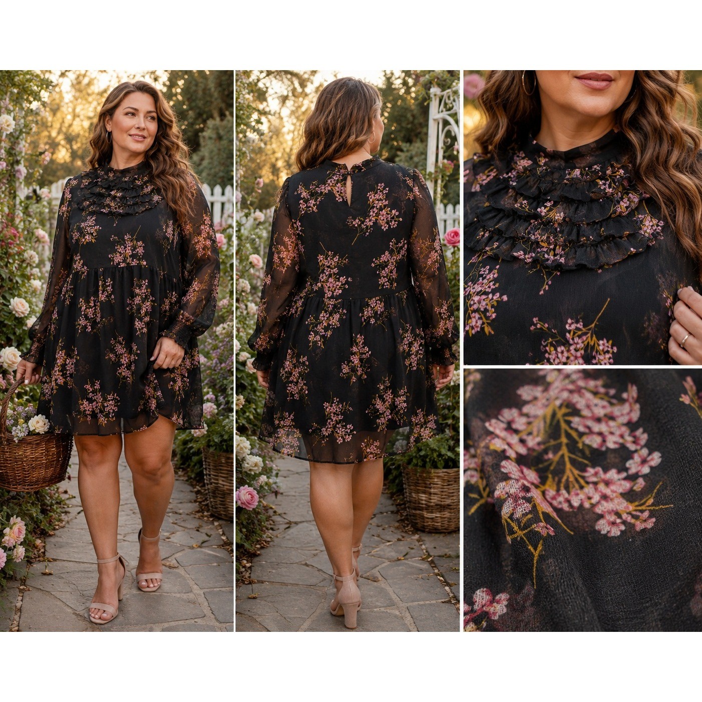 Who What Wear Floral Ruffle Chiffon Babydoll Dress XL Black Boho Cottagecore
