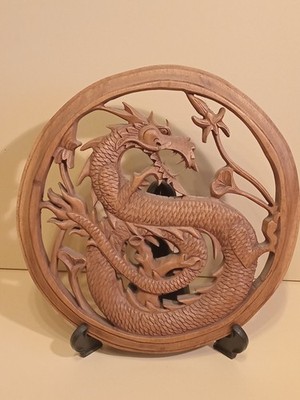 Holz runder Drache Wandbehang handgeschnitzt Relief Plakette Skulptur Wohndeko