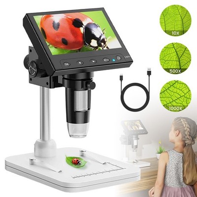 4,3'' Digital Microscope, 720P USB Coin Microscope 50X-1000X with Stand 2200mAh
