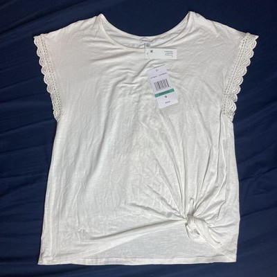 New Women s Small Thread And Clover White Top Shirt Tie Knot Lace Trim Sleeve
