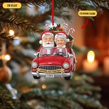 Personalized Couple Driving 2D Flat Ornament, Custom Name Santa  Mrs