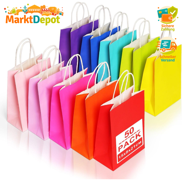 PapiertüTen Mit Henkel Bunt Kraft 15X8X21Cm 50 StüCk GeschenktüTen-image
