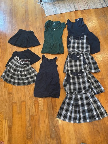 Lands' End Girl School Uniform Lot of 9 Plaid Jumpers/Skirts/Dress Navy & Green