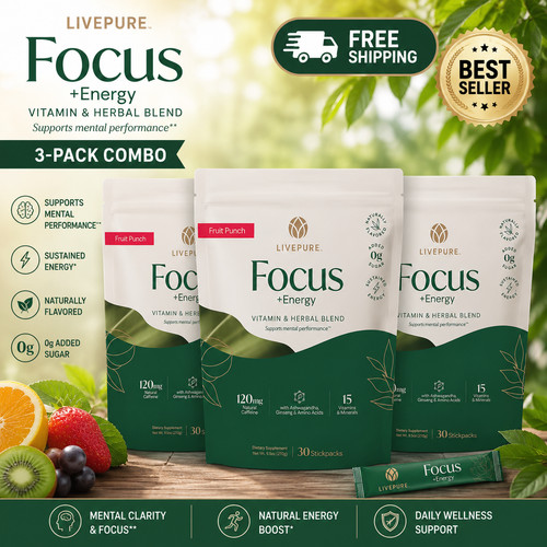 BRAND NEW 3X Live Pure Focus + Energy Sticks, Fruit Punch 30 Packets Exp2028