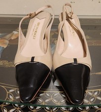 VTG BRUNO MAGLI Pointed Cap Toe Kitten Heel Slingback Pumps Nude/Black 8.5B GUC