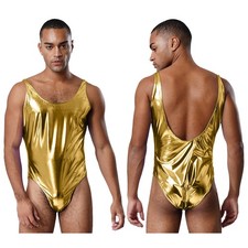 Mens Shiny Metallic Dance Bodysuit Swimwear Gymnastic Leotard Costume Clubwear