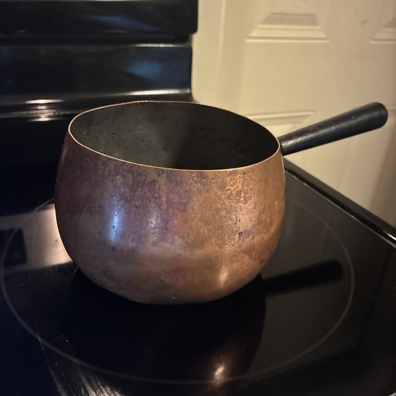 Vintage Brass Sauce Pan Pot Black Handle Mid Century Kitchenware Hand Hammered