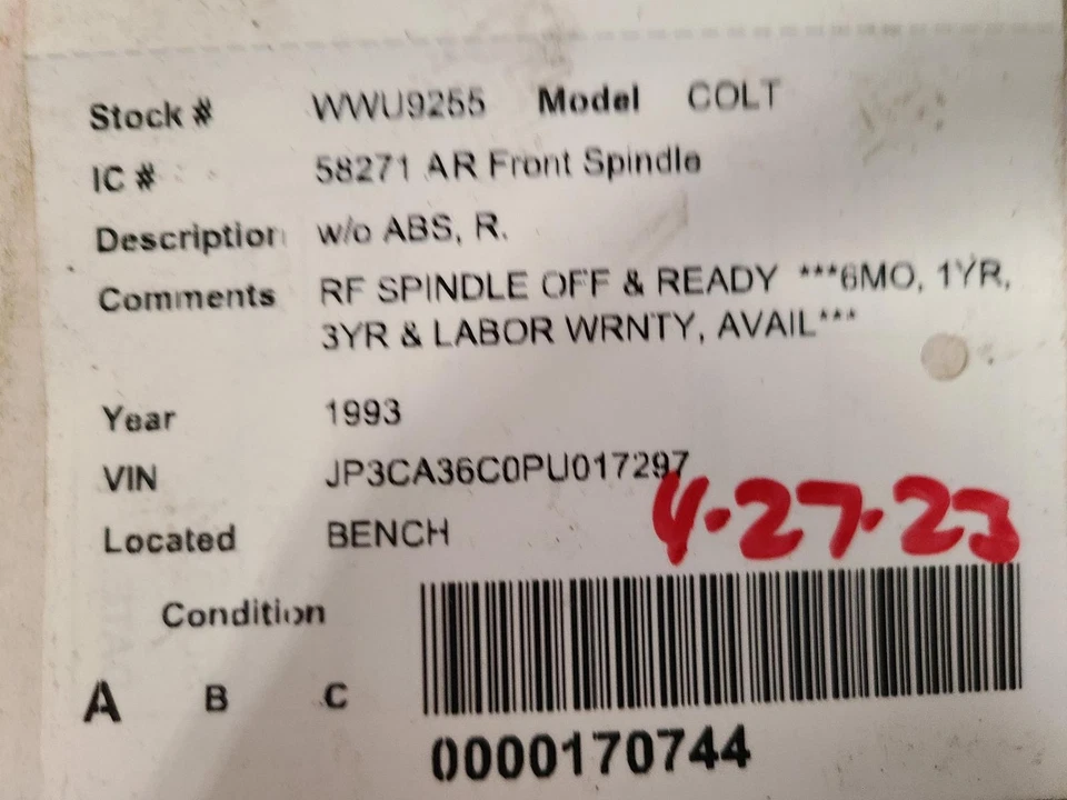 二手前右转向关节 适合:1993 年普利茅斯柯尔特 右前 A 级 — 第 3/4 张图片