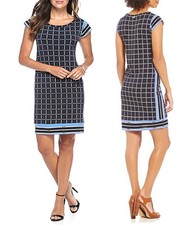 NWT $98 Michael Kors Cap Sleeve Grid Border Print Shift Dress Navy