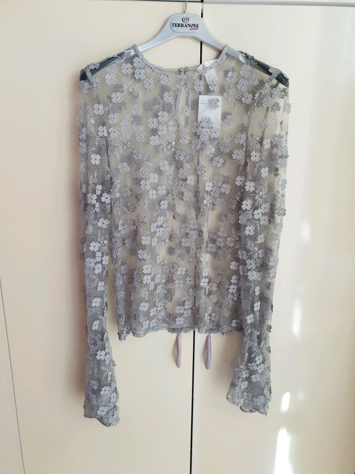 Blusa H&M organza/tulle+fiori verde salvia trasparente tg.32EU maniche a campana