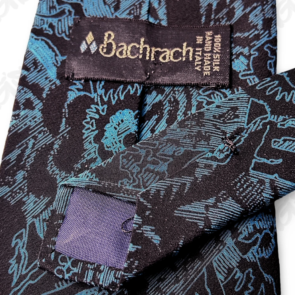 Gravata Bachrach Masculina L 58" W 3.5" Azul Preta 100% Seda Feita à Mão Itália Edgy Preppy - Imagem 4 de 4