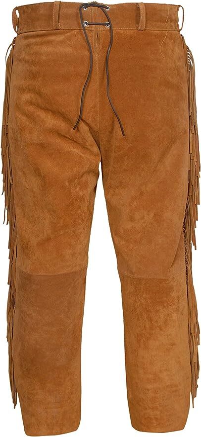 Men Native American Western Buckskin Ragged Leather Suede Pants